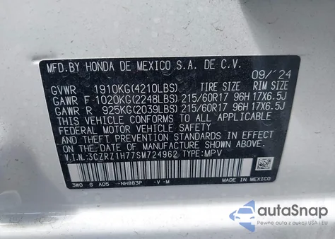 2025 Honda Hr-V 2Wd Ex-L z USA, uszkodzony, nr VIN 3CZRZ1H77SM724962